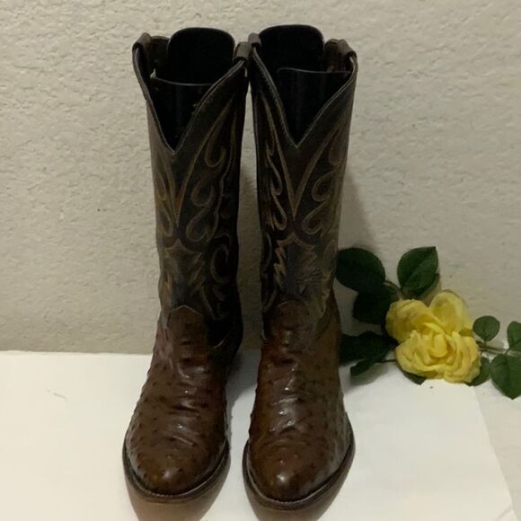 Larry Mahan Men's Full Quill Ostrich Western cowboy Boots Brown Leather 9.5 XE